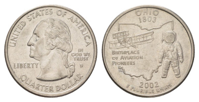 США 25 центов (квотер, 1/4 доллара) 2002 D, Квотер штата Огайо KM 332 медь плакированный медно-никелем UNC 4628-1217