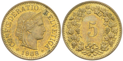 ШВЕЙЦАРИЯ 5 РАППЕНОВ 1988 В KM 26с алюминий латунь 4549-843