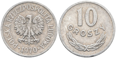 Польша 10 грошей 1970 MW, Народная Республика KM АА47, Parchimowicz 206i алюминий 4580-612