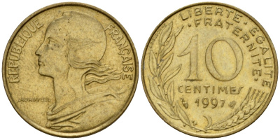 Франция 10 сантимов 1997 тип Marianne KM 929 алюминиевая бронза 4390-956