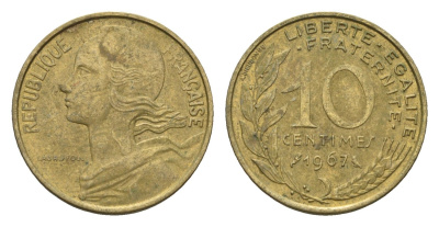 Франция 10 сантимов 1967 KM 929 алюминиевая бронза 4674-559