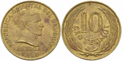УРУГВАЙ 10 СЕНТЕСИМО 1960 ХОСЕ ХЕРВАСИО АРТИГАС KM 39 никель латунь 108-1027