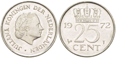 Нидерланды 25 центов 1972 Юлиана (1948-1980) KM 183 никель 214-965