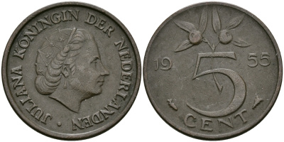 НИДЕРЛАНДЫ 5 ЦЕНТОВ 1955 ЮЛИАНА KM 181 бронза 95-317