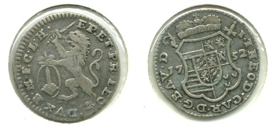 АВСТРИЙСКИЕ НИДЕРЛАНДЫ 2 ЭСКАЛИНСА 1752 KM 16 серебро 503-231