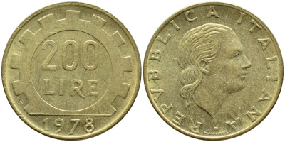 Италия 200 лир 1978 R, шестерня KM 105 алюминиевая бронза 4395-535