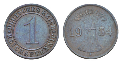 Германия 1 рейхспфенниг 1934 A KM 37, J. 313 бронза 4644-1047