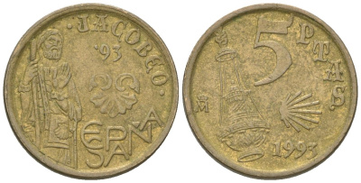 Испания 5 песет 1993 M, Год Святого Иакова KM 919 алюминиевая бронза 4617-1146