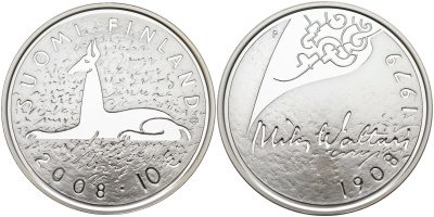 Финляндия 10 евро 2008 Мика Валтари, писатель KM 142 серебро  PROOF 11-114-31