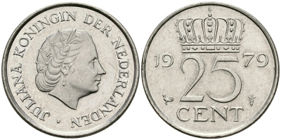 Нидерланды 25 центов 1979 Юлиана (1949-1980) KM 183 никель 96-254