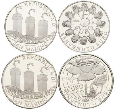 Сан-Марино набор 5 евро + 10 евро 2002 добро пожаловать евро, в оригинальной коробке, с сертификатом KM 448, 449 серебро PROOF 7-1-67