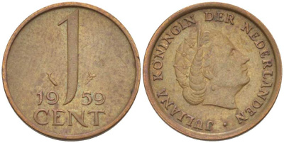 НИДЕРЛАНДЫ 1 ЦЕНТ 1959 КОРОЛЕВА ЮЛИАНА KM 180 бронза 3955-121