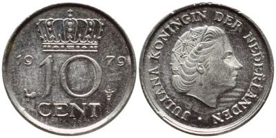 НИДЕРЛАНДЫ 10 ЦЕНТОВ 1979 ЮЛИАНА KM 182 никель 4392-1351