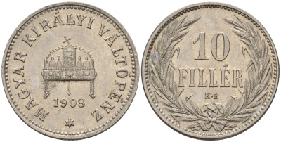 Венгрия 10 филлеров 1908 KB, Франц Иосиф I (1848-1916) KM 482 никель 4151-1113