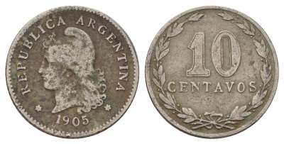 Аргентина 10 сентаво 1905 KM 35 медно-никель 44-1145
