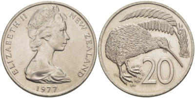 Новая Зеландия 20 центов 1977 Елизавета II (1952-2022), птичка киви KM 36.1 медно-никель 215-511