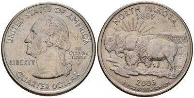 США 25 центов (квотер) 2006 P, серия штаты США, Северная Дакота KM 386 медь плакированная медно-никелем 4603-1211