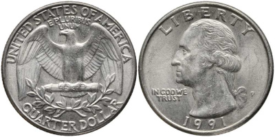 США 25 ЦЕНТОВ = КВОТЕР 1991 P, ВАШИНГТОН KM А164а медь плакированная медно-никелем 113-532