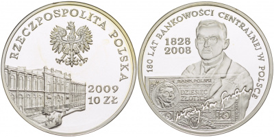 Польша 10 злотых 2009 180 лет центральному банку Польши KM 676 серебро PROOF 1084-7-33