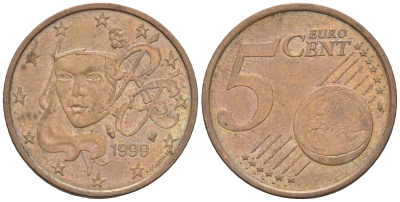 Франция 5 евроцентов 1999 KM 1284 сталь плакированная медью 60-652