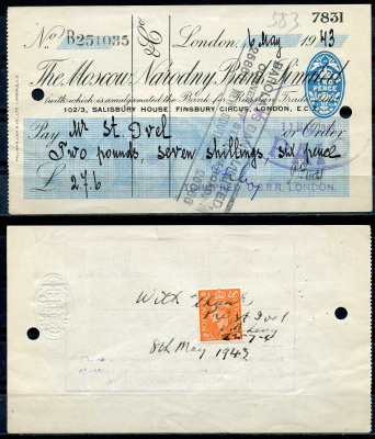 СССР чек в 2 фунта 7 шиллингов 6 пенсов 1943 Московский Народный банк, оплаченный   бумага   445-36-1-1