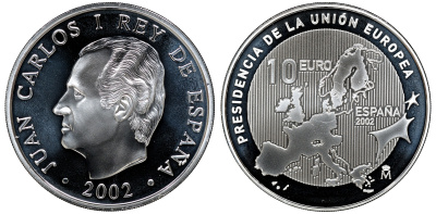 Испания 10 евро 2002 Председательство Испании в Евросоюзе, карта, в оригинальной коробке KM 1048 серебро UNC 6-5-1-21