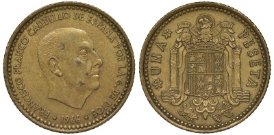 Испания 1 песета 1966 (71) Франсиско Франко (1939-1975) KM 796 алюминиевая бронза 4128-1043