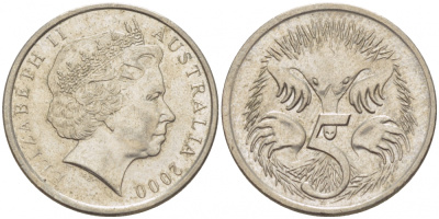 АВСТРАЛИЯ 5 ЦЕНТОВ 2000 ЕЛИЗАВЕТА II, ТРЕТИЙ ПОРТРЕТ, ЕХИДНА KM 401 медно-никель 3851-1142