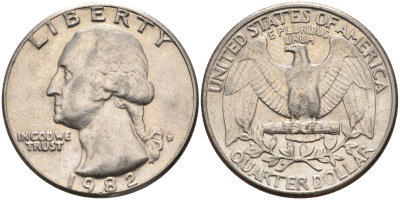 США 25 центов = квотер 1982 D, Вашингтон KM A164a медь плакированная медно-никелем 4584-1137