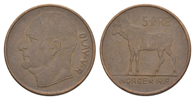 Норвегия 5 эре 1959 Улаф V (1957-1991) KM 405 бронза 4635-553
