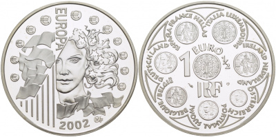 Франция 1 1/2 евро 2002 введение евро KM 1301 серебро PROOF 04-011-11