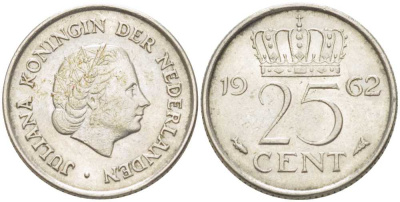 НИДЕРЛАНДЫ 25 ЦЕНТОВ 1962 ЮЛИАНА (1948-1980) KM 183 никель 214-934