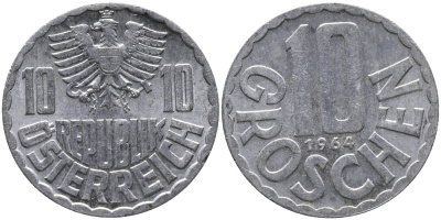 Австрия 10 грошей 1964 KM 2878 алюминий 33-343