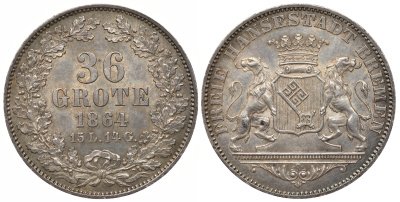 Бремен 36 гротенов 1864 (15L. 14G.) КМ 243, Jaeger 25, AKS 2, Kahnt 160 серебро 00-000-00