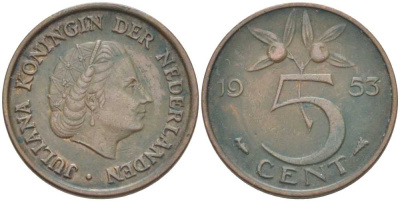 Нидерланды 5 центов 1953 Юлиана (1948-1980) KM 181 бронза 213-1015