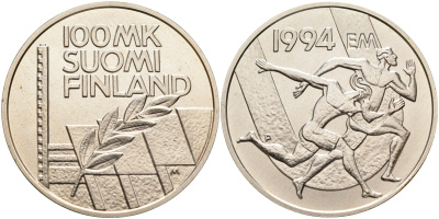 Финляндия 100 марок 1994 стадион дружбы, бег KM 78 серебро  UNC 11-114-45