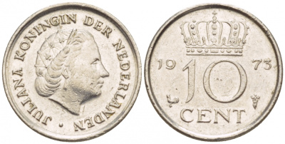 НИДЕРЛАНДЫ 10 ЦЕНТОВ 1973 ЮЛИАНА KM 182 никель 4547-845