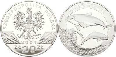 Польша 20 злотых 2004 MW, серия сохраним наш мир, морские свиньи KM 515 серебро PROOF 1091-2-33