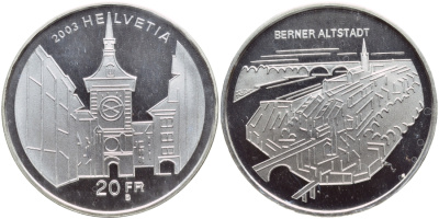 Швейцария 20 франков 2003 В, Берн, старый город, в запайке KM 106 серебро PROOF 1524-1014