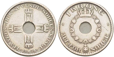 Норвегия 1 крона 1925 Хокон VII (1905-1957) KM 385 медно-никель 212-743