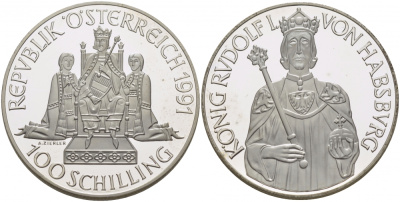 Австрия 100 шиллингов 1991 Рудольф I KM 3001 серебро PROOF 1087-6-42