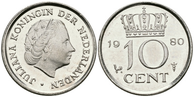 Нидерланды 10 центов 1980 Юлиана (1949-1980) KM 182 никель 96-355
