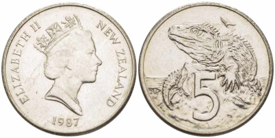 Новая Зеландия 5 ЦЕНТОВ 1987 ТУАТАРА, ТРЕХГЛАЗАЯ ЯЩЕРИЦА ОТРЯДА КЛЮВОГОЛОВЫХ, ЕЛИЗАВЕТА II KM 60 медно-никель 105-547