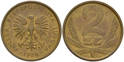 Польша 2 злотых 1986 MW KM 80.2 латунь    4598-1225