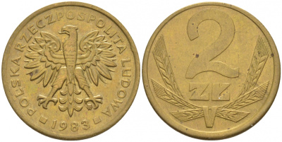 ПОЛЬША 2 ЗЛОТЫХ 1983 MW KM 80.1 латунь 68-456
