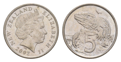 Новая Зеландия 5 центов 2002 Елизавета II (1952-2022), ящерица гаттерия KM 116 медно-никель 4588-545