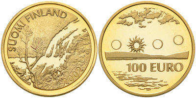 Финляндия 100 евро 2002 регион Лапландия KM 109 золото PROOF 00-000-00