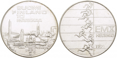 Финляндия 10 марок 1971 S-H, X Чемпионат Европы по легкой атлетике KM 52 серебро UNC 1515-1342