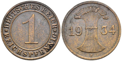 ГЕРМАНИЯ 1 РЕЙХСПФЕННИГ 1934 F KM 37, J. 313, Weege 2 бронза 4547-214