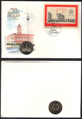 ГДР 5 марок 1987 750 лет Берлину, Красная Ратуша, в конверте с маркой (КПД - Конверт первого дня Гашения) KM 115 медь цинк никель UNC 9000-45